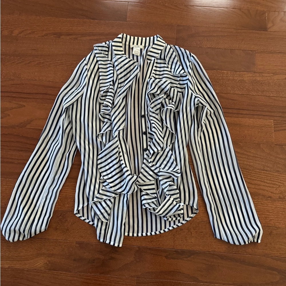 Cache Black and White Striped Ruffle Blouse